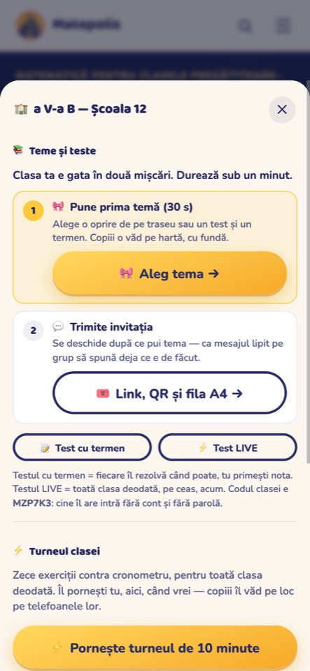 Ecranul unei clase noi în modul profesor, pe telefon: „Clasa ta e gata în două mișcări", pasul 1 „Pune prima temă (30 s)" și pasul 2 „Trimite invitația".